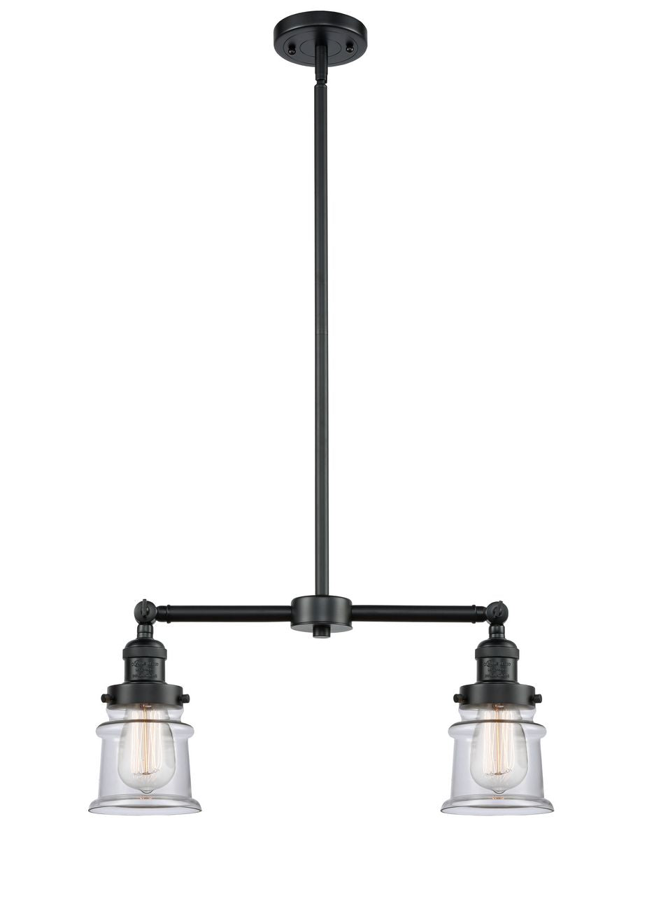 209-OB-G182S 2-Light 21" Oil Rubbed Bronze Island Light - Clear Small Canton Glass - LED Bulb - Dimmensions: 21 x 5 x 10<br>Minimum Height : 20.625<br>Maximum Height : 44.625 - Sloped Ceiling Compatible: Yes