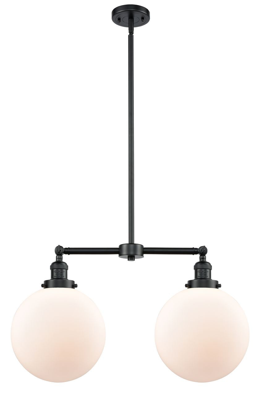 209-OB-G201-10 2-Light 25" Oil Rubbed Bronze Island Light - Matte White Cased Beacon Glass - LED Bulb - Dimmensions: 25 x 10 x 14<br>Minimum Height : 24.875<br>Maximum Height : 48.875 - Sloped Ceiling Compatible: Yes