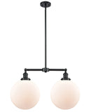 209-OB-G201-12 2-Light 27" Oil Rubbed Bronze Island Light - Matte White Cased Beacon Glass - LED Bulb - Dimmensions: 27 x 12 x 16<br>Minimum Height : 26.875<br>Maximum Height : 50.875 - Sloped Ceiling Compatible: Yes