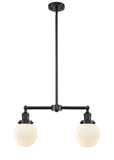 209-OB-G201-6 2-Light 23" Oil Rubbed Bronze Island Light - Matte White Cased Beacon Glass - LED Bulb - Dimmensions: 23 x 6 x 10<br>Minimum Height : 20.875<br>Maximum Height : 44.875 - Sloped Ceiling Compatible: Yes