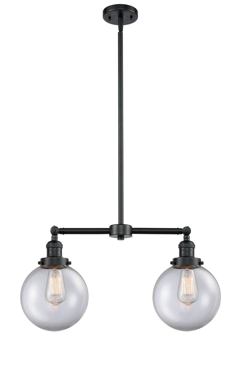 209-OB-G202-8 2-Light 25" Oil Rubbed Bronze Island Light - Clear Beacon Glass - LED Bulb - Dimmensions: 25 x 8 x 12.5<br>Minimum Height : 22.875<br>Maximum Height : 46.875 - Sloped Ceiling Compatible: Yes