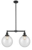 209-OB-G204-10 2-Light 25" Oil Rubbed Bronze Island Light - Seedy Beacon Glass - LED Bulb - Dimmensions: 25 x 10 x 14<br>Minimum Height : 24.875<br>Maximum Height : 48.875 - Sloped Ceiling Compatible: Yes