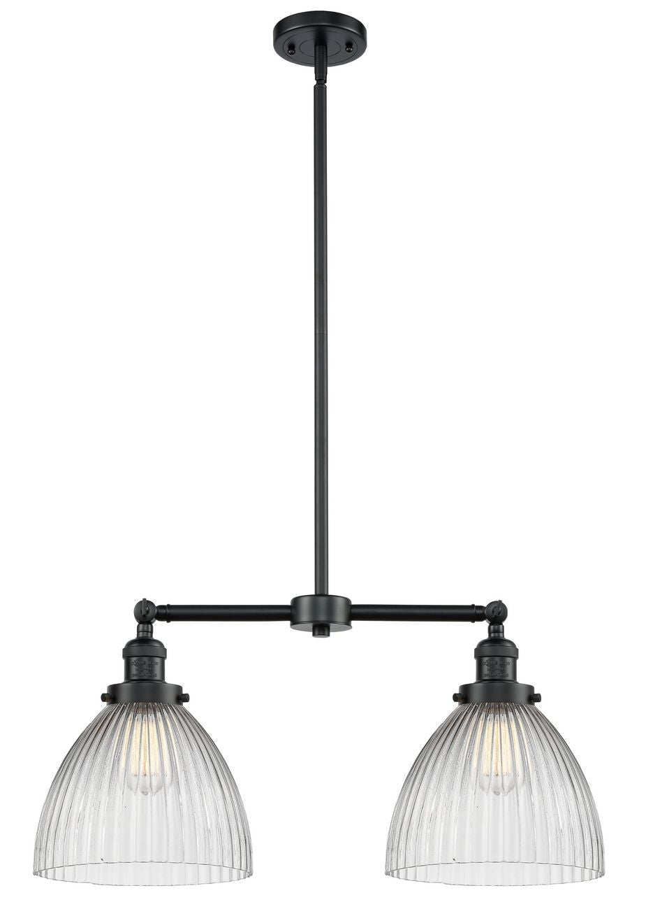 209-OB-G222 2-Light 21" Oil Rubbed Bronze Island Light - Clear Halophane Seneca Falls Glass - LED Bulb - Dimmensions: 21 x 5 x 10<br>Minimum Height : 23.125<br>Maximum Height : 47.125 - Sloped Ceiling Compatible: Yes