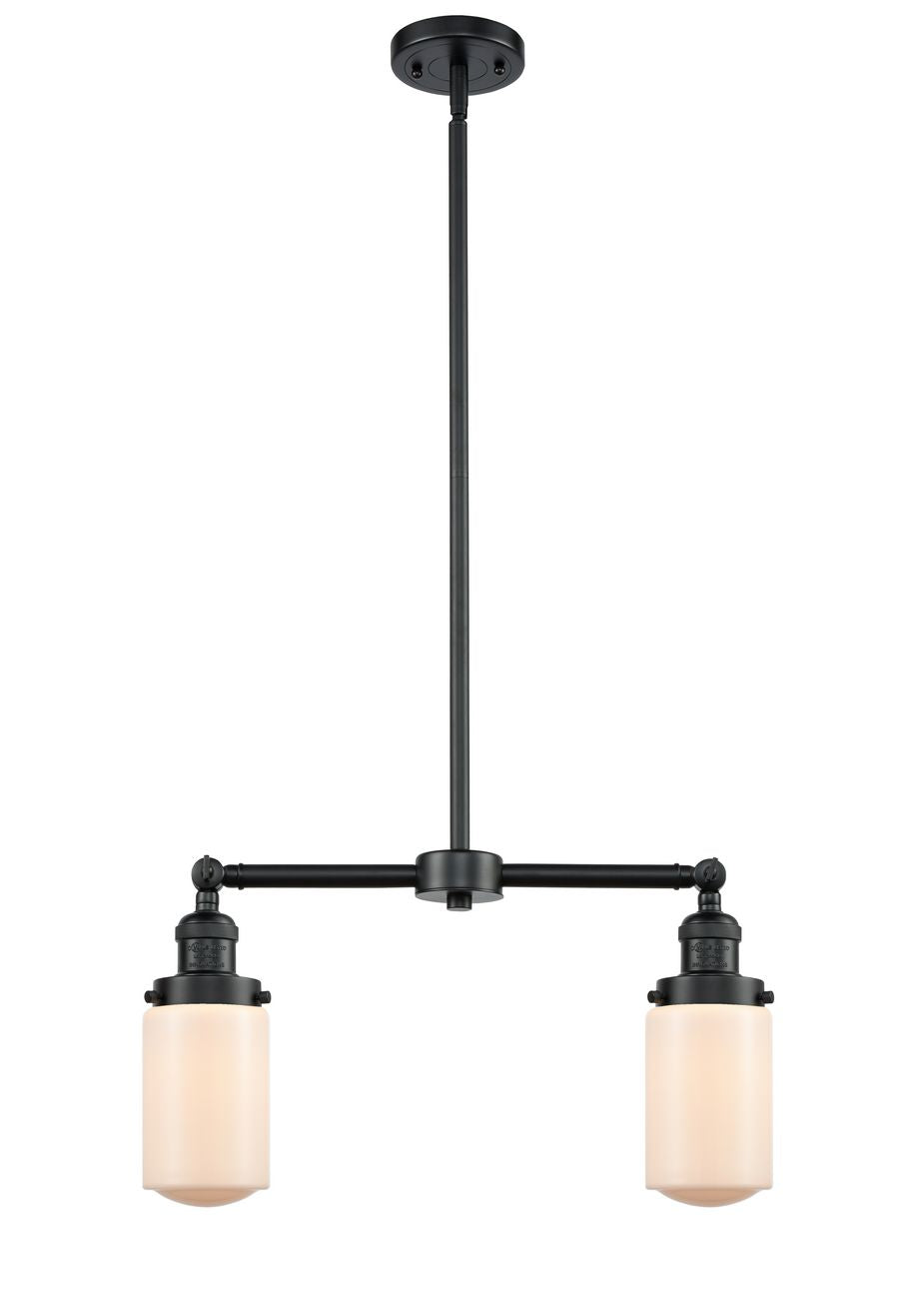 209-OB-G311 2-Light 21" Oil Rubbed Bronze Island Light - Matte White Cased Dover Glass - LED Bulb - Dimmensions: 21 x 4.5 x 10.75<br>Minimum Height : 21.625<br>Maximum Height : 44.625 - Sloped Ceiling Compatible: Yes