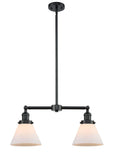 209-OB-G41 2-Light 21" Oil Rubbed Bronze Island Light - Matte White Cased Large Cone Glass - LED Bulb - Dimmensions: 21 x 5 x 10<br>Minimum Height : 21.125<br>Maximum Height : 45.125 - Sloped Ceiling Compatible: Yes
