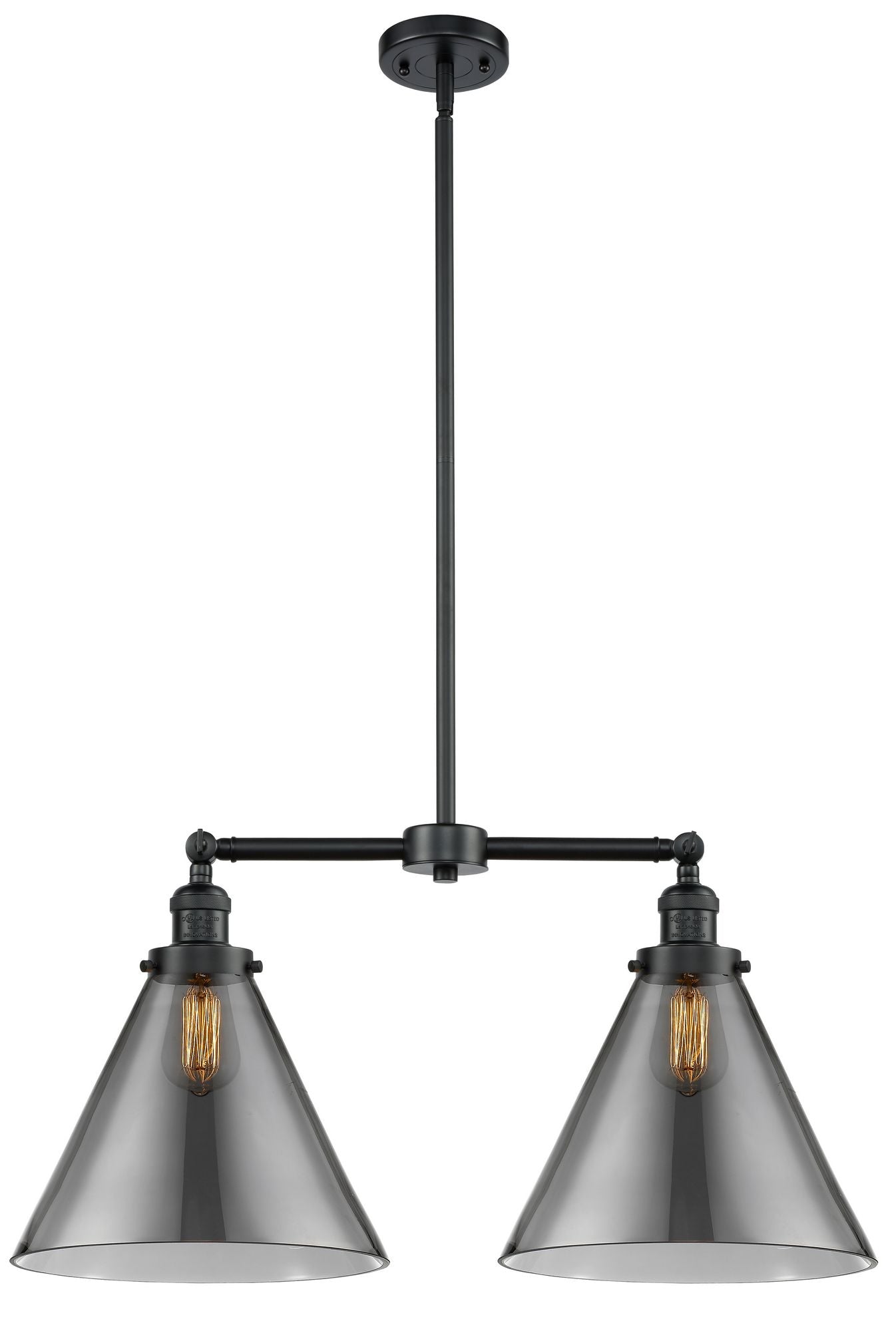 209-OB-G43-L 2-Light 21" Oil Rubbed Bronze Island Light - Plated Smoke Cone 12" Glass - LED Bulb - Dimmensions: 21 x 5 x 10<br>Minimum Height : 25.125<br>Maximum Height : 49.125 - Sloped Ceiling Compatible: Yes