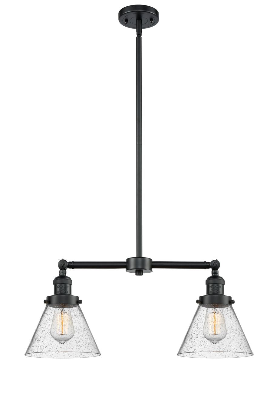 209-OB-G44 2-Light 21" Oil Rubbed Bronze Island Light - Seedy Large Cone Glass - LED Bulb - Dimmensions: 21 x 5 x 10<br>Minimum Height : 21.125<br>Maximum Height : 45.125 - Sloped Ceiling Compatible: Yes
