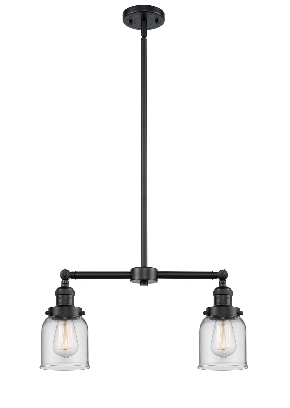 209-OB-G52 2-Light 21" Oil Rubbed Bronze Island Light - Clear Small Bell Glass - LED Bulb - Dimmensions: 21 x 5 x 10<br>Minimum Height : 20.875<br>Maximum Height : 44.875 - Sloped Ceiling Compatible: Yes