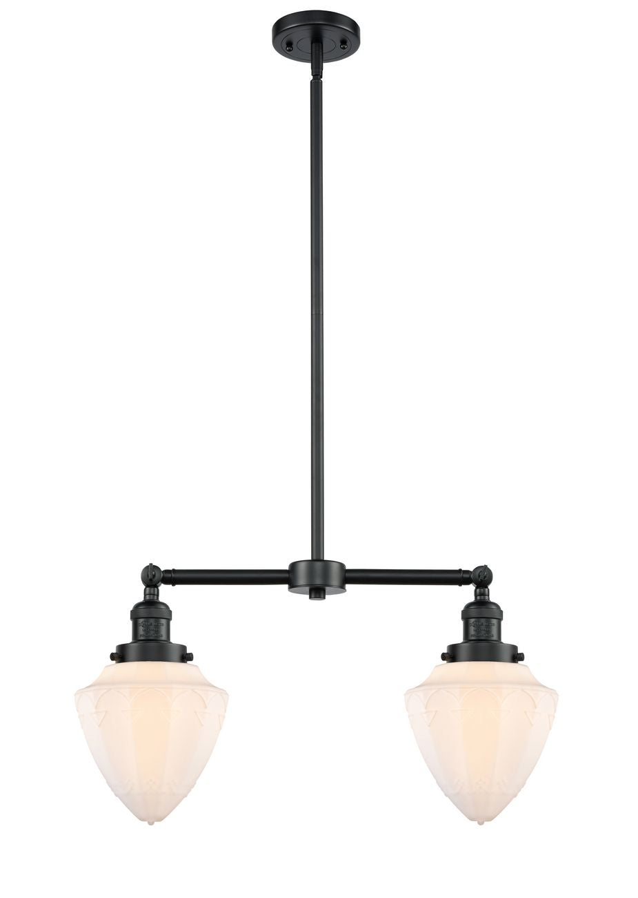 209-OB-G661-7 2-Light 24" Oil Rubbed Bronze Island Light - Matte White Cased Small Bullet Glass - LED Bulb - Dimmensions: 24 x 7 x 15.25<br>Minimum Height : 24.25<br>Maximum Height : 48.25 - Sloped Ceiling Compatible: Yes