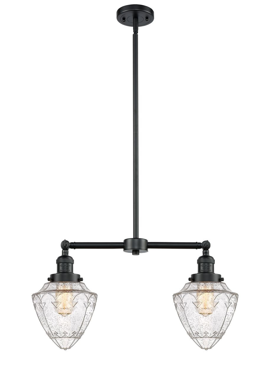 209-OB-G664-7 2-Light 24" Oil Rubbed Bronze Island Light - Seedy Small Bullet Glass - LED Bulb - Dimmensions: 24 x 7 x 15.25<br>Minimum Height : 24.25<br>Maximum Height : 48.25 - Sloped Ceiling Compatible: Yes