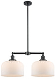 209-OB-G71-L 2-Light 21" Oil Rubbed Bronze Island Light - Matte White Cased X-Large Bell Glass - LED Bulb - Dimmensions: 21 x 5 x 10<br>Minimum Height : 23.125<br>Maximum Height : 47.125 - Sloped Ceiling Compatible: Yes