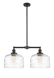 209-OB-G713-L 2-Light 21" Oil Rubbed Bronze Island Light - Clear Deco Swirl X-Large Bell Glass - LED Bulb - Dimmensions: 21 x 5 x 10<br>Minimum Height : 23.125<br>Maximum Height : 47.125 - Sloped Ceiling Compatible: Yes