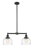 209-OB-G713 2-Light 21" Oil Rubbed Bronze Island Light - Clear Deco Swirl Large Bell Glass - LED Bulb - Dimmensions: 21 x 5 x 10<br>Minimum Height : 20.875<br>Maximum Height : 44.875 - Sloped Ceiling Compatible: Yes