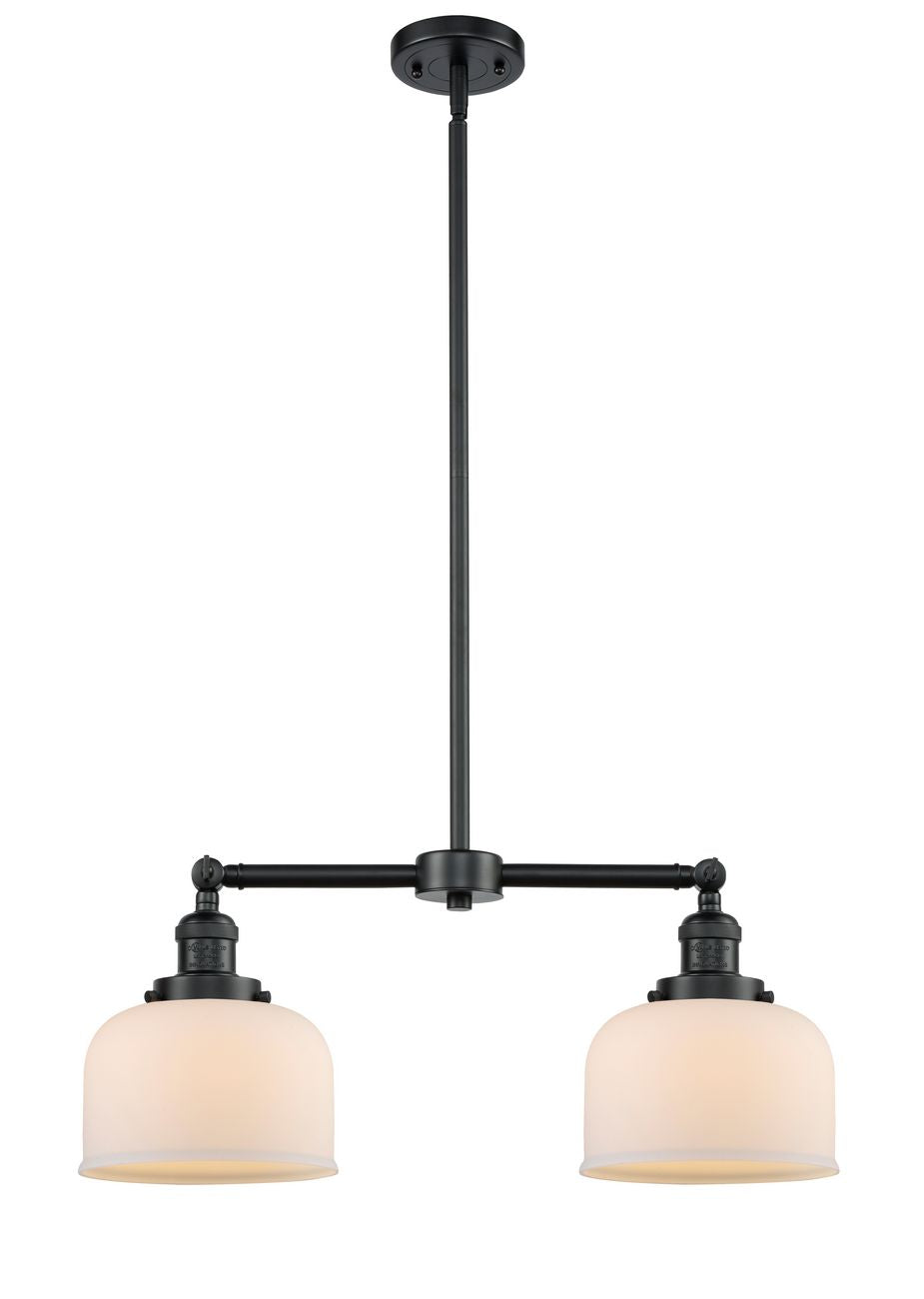 209-OB-G71 2-Light 21" Oil Rubbed Bronze Island Light - Matte White Cased Large Bell Glass - LED Bulb - Dimmensions: 21 x 5 x 10<br>Minimum Height : 20.875<br>Maximum Height : 44.875 - Sloped Ceiling Compatible: Yes