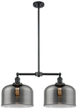 209-OB-G73-L 2-Light 21" Oil Rubbed Bronze Island Light - Plated Smoke X-Large Bell Glass - LED Bulb - Dimmensions: 21 x 5 x 10<br>Minimum Height : 23.125<br>Maximum Height : 47.125 - Sloped Ceiling Compatible: Yes