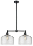 209-OB-G74-L 2-Light 21" Oil Rubbed Bronze Island Light - Seedy X-Large Bell Glass - LED Bulb - Dimmensions: 21 x 5 x 10<br>Minimum Height : 23.125<br>Maximum Height : 47.125 - Sloped Ceiling Compatible: Yes