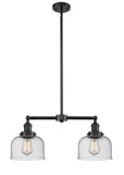 209-OB-G74 2-Light 21" Oil Rubbed Bronze Island Light - Seedy Large Bell Glass - LED Bulb - Dimmensions: 21 x 5 x 10<br>Minimum Height : 20.875<br>Maximum Height : 44.875 - Sloped Ceiling Compatible: Yes