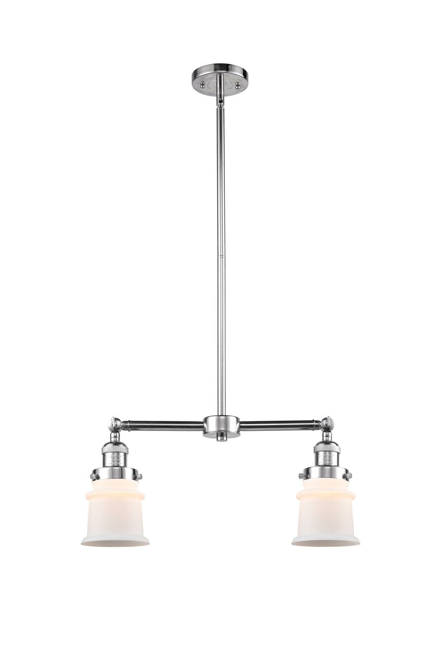 209-PC-G181S 2-Light 21" Polished Chrome Island Light - Matte White Small Canton Glass - LED Bulb - Dimmensions: 21 x 5 x 10<br>Minimum Height : 20.625<br>Maximum Height : 44.625 - Sloped Ceiling Compatible: Yes