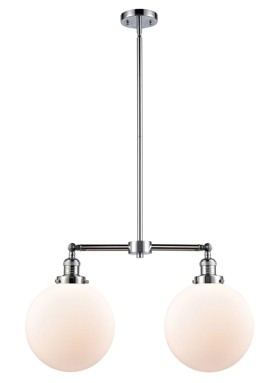 209-PC-G201-10 2-Light 25" Polished Chrome Island Light - Matte White Cased Beacon Glass - LED Bulb - Dimmensions: 25 x 10 x 14<br>Minimum Height : 24.875<br>Maximum Height : 48.875 - Sloped Ceiling Compatible: Yes
