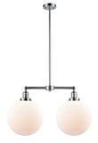 209-PC-G201-12 2-Light 27" Polished Chrome Island Light - Matte White Cased Beacon Glass - LED Bulb - Dimmensions: 27 x 12 x 16<br>Minimum Height : 26.875<br>Maximum Height : 50.875 - Sloped Ceiling Compatible: Yes