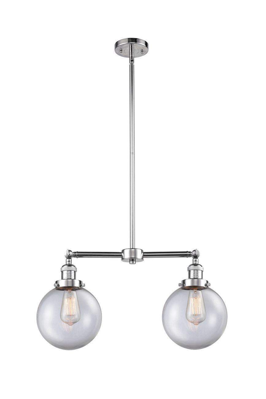209-PC-G202-8 2-Light 25" Polished Chrome Island Light - Clear Beacon Glass - LED Bulb - Dimmensions: 25 x 8 x 12.5<br>Minimum Height : 22.875<br>Maximum Height : 46.875 - Sloped Ceiling Compatible: Yes