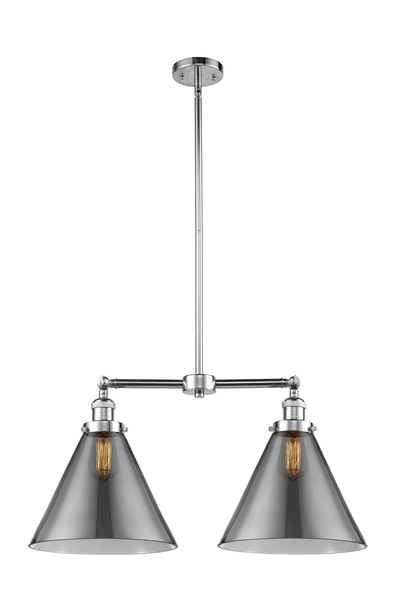 209-PC-G43-L 2-Light 21" Polished Chrome Island Light - Plated Smoke Cone 12" Glass - LED Bulb - Dimmensions: 21 x 5 x 10<br>Minimum Height : 25.125<br>Maximum Height : 49.125 - Sloped Ceiling Compatible: Yes