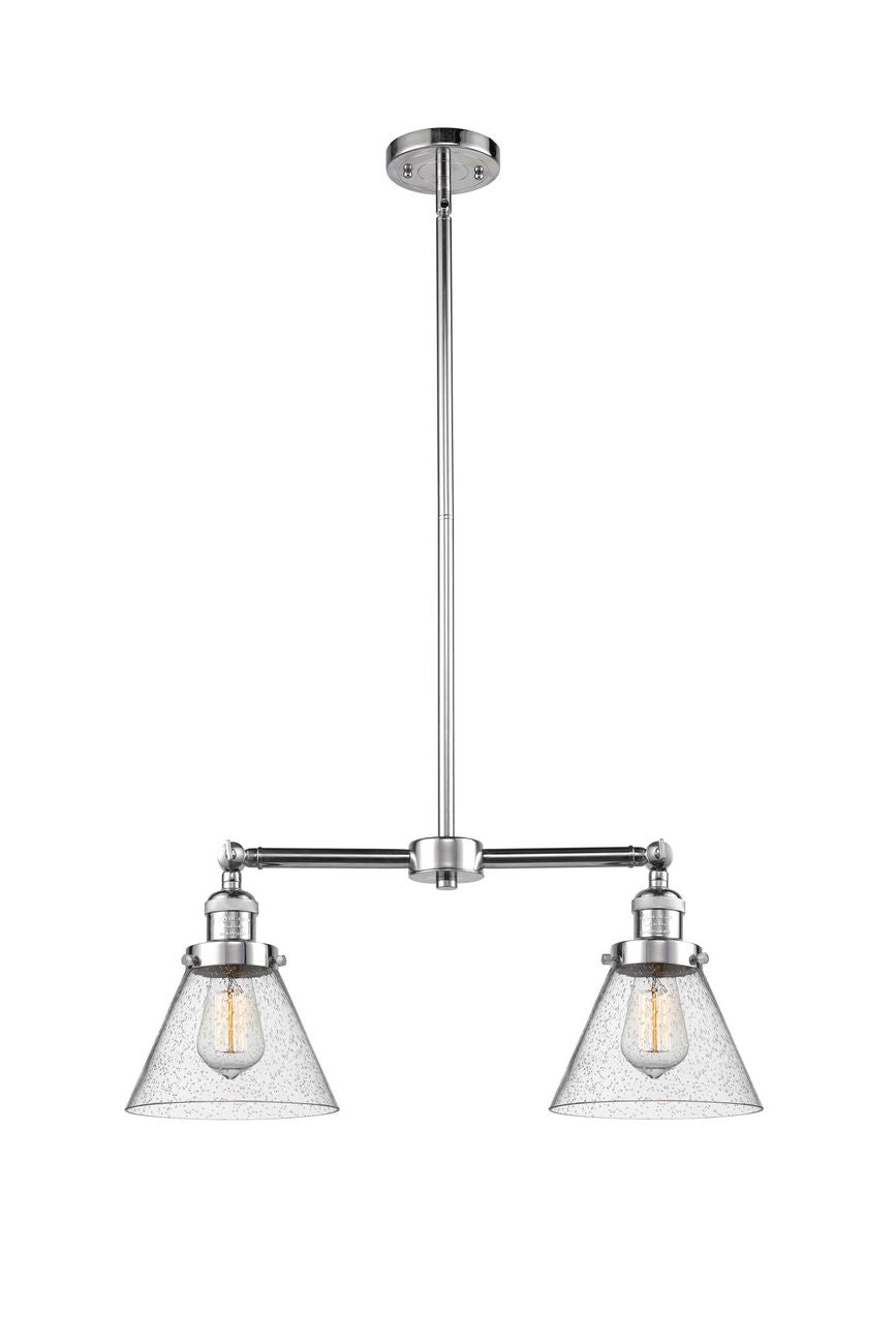 209-PC-G44 2-Light 21" Polished Chrome Island Light - Seedy Large Cone Glass - LED Bulb - Dimmensions: 21 x 5 x 10<br>Minimum Height : 21.125<br>Maximum Height : 45.125 - Sloped Ceiling Compatible: Yes