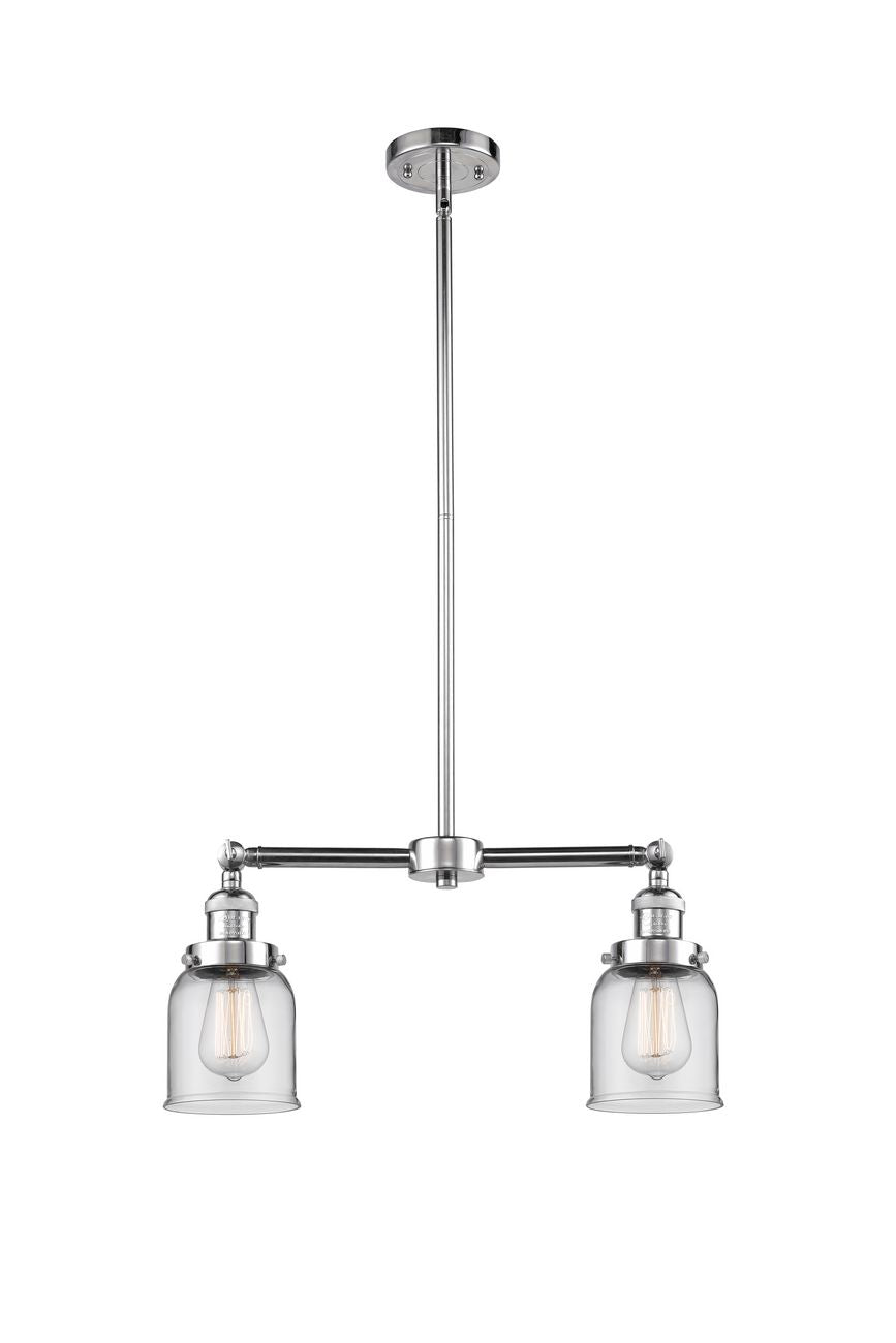 209-PC-G52 2-Light 21" Polished Chrome Island Light - Clear Small Bell Glass - LED Bulb - Dimmensions: 21 x 5 x 10<br>Minimum Height : 20.875<br>Maximum Height : 44.875 - Sloped Ceiling Compatible: Yes