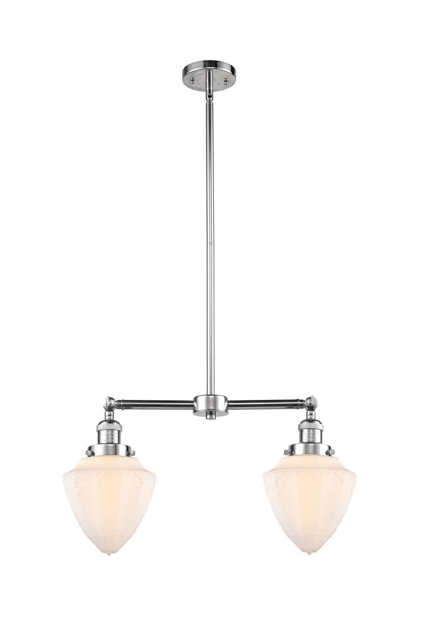 209-PC-G661-7 2-Light 24" Polished Chrome Island Light - Matte White Cased Small Bullet Glass - LED Bulb - Dimmensions: 24 x 7 x 15.25<br>Minimum Height : 24.25<br>Maximum Height : 48.25 - Sloped Ceiling Compatible: Yes