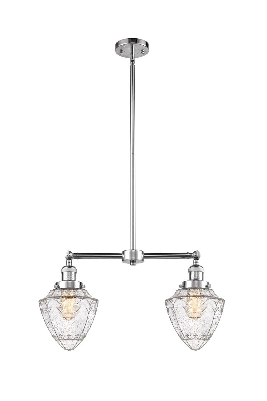 209-PC-G664-7 2-Light 24" Polished Chrome Island Light - Seedy Small Bullet Glass - LED Bulb - Dimmensions: 24 x 7 x 15.25<br>Minimum Height : 24.25<br>Maximum Height : 48.25 - Sloped Ceiling Compatible: Yes