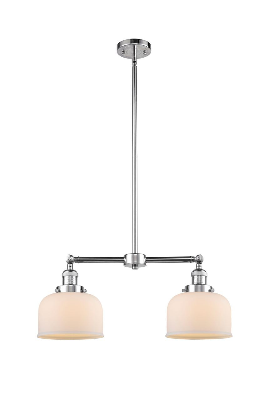 209-PC-G71 2-Light 21" Polished Chrome Island Light - Matte White Cased Large Bell Glass - LED Bulb - Dimmensions: 21 x 5 x 10<br>Minimum Height : 20.875<br>Maximum Height : 44.875 - Sloped Ceiling Compatible: Yes