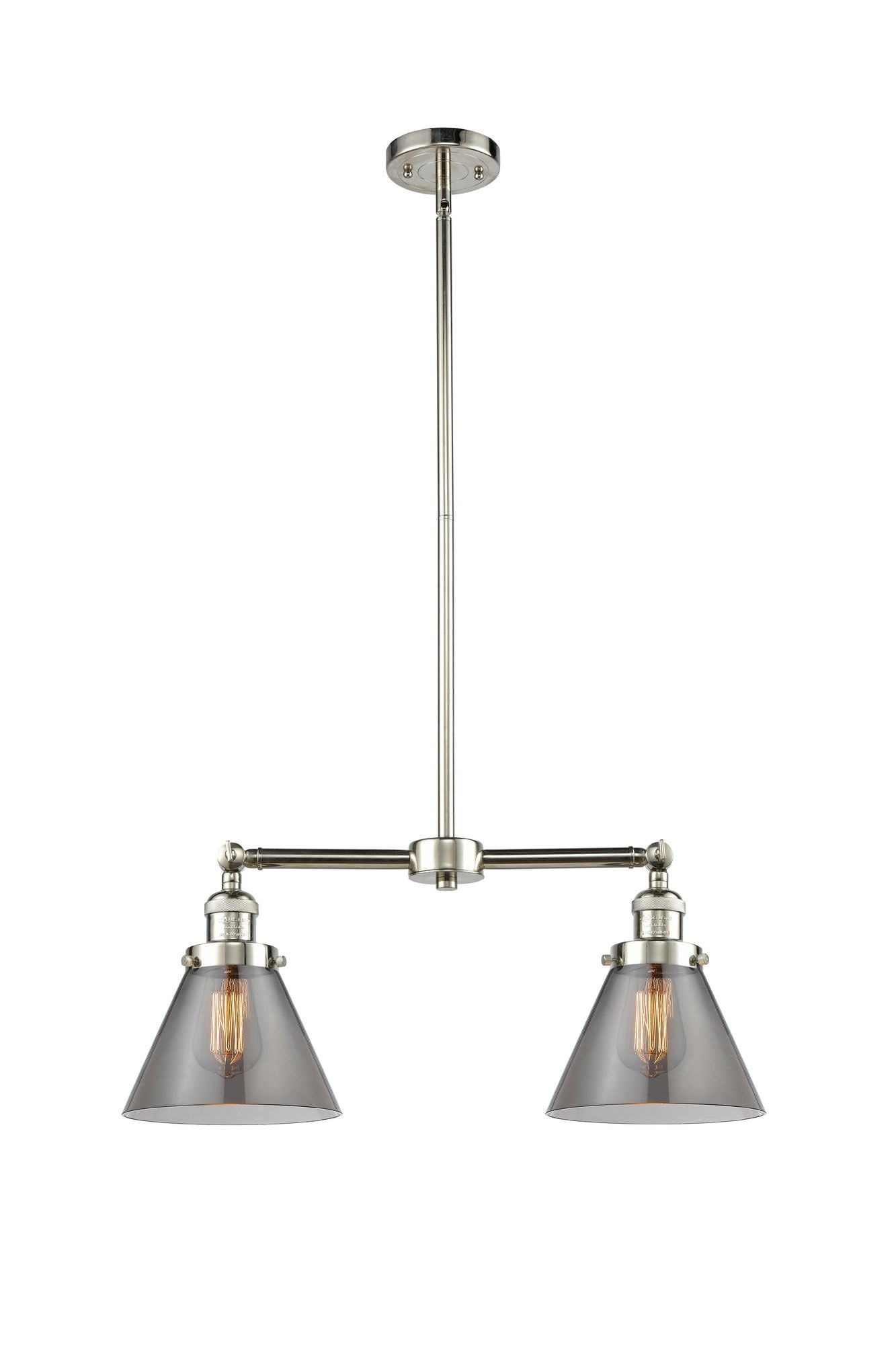 209-PN-G43-L 2-Light 21" Polished Nickel Island Light - Plated Smoke Cone 12" Glass - LED Bulb - Dimmensions: 21 x 5 x 10<br>Minimum Height : 25.125<br>Maximum Height : 49.125 - Sloped Ceiling Compatible: Yes