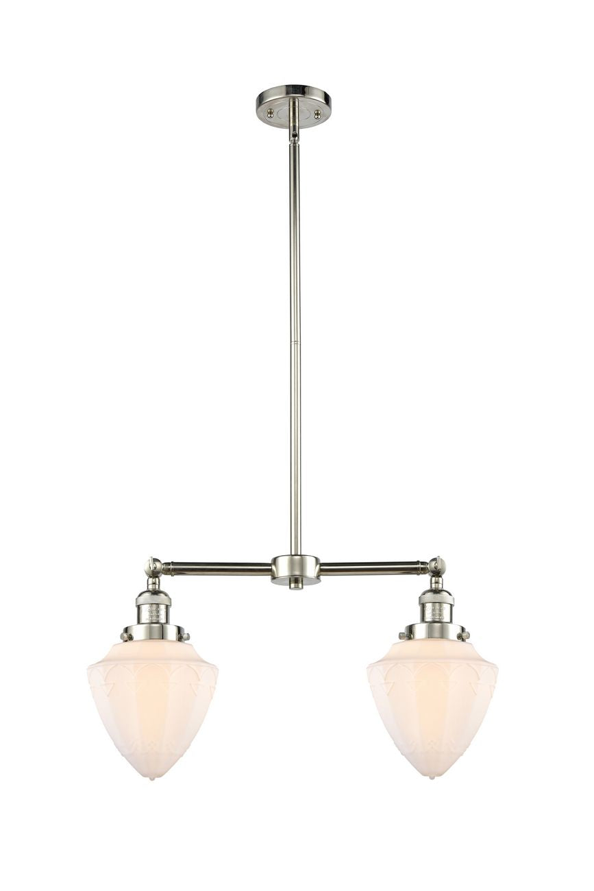 209-PN-G661-7 2-Light 24" Polished Nickel Island Light - Matte White Cased Small Bullet Glass - LED Bulb - Dimmensions: 24 x 7 x 15.25<br>Minimum Height : 24.25<br>Maximum Height : 48.25 - Sloped Ceiling Compatible: Yes