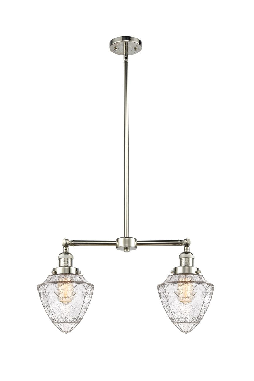209-PN-G664-7 2-Light 24" Polished Nickel Island Light - Seedy Small Bullet Glass - LED Bulb - Dimmensions: 24 x 7 x 15.25<br>Minimum Height : 24.25<br>Maximum Height : 48.25 - Sloped Ceiling Compatible: Yes
