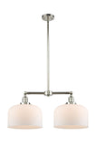 209-PN-G71-L 2-Light 21" Polished Nickel Island Light - Matte White Cased X-Large Bell Glass - LED Bulb - Dimmensions: 21 x 5 x 10<br>Minimum Height : 23.125<br>Maximum Height : 47.125 - Sloped Ceiling Compatible: Yes