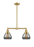 209-SG-G173 2-Light 21" Satin Gold Island Light - Plated Smoke Fulton Glass - LED Bulb - Dimmensions: 21 x 5 x 10<br>Minimum Height : 20.375<br>Maximum Height : 44.375 - Sloped Ceiling Compatible: Yes