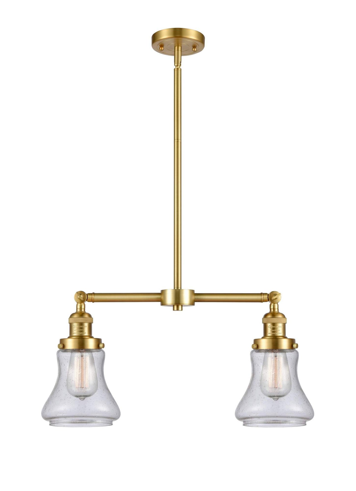 209-SG-G194 2-Light 21" Satin Gold Island Light - Seedy Bellmont Glass - LED Bulb - Dimmensions: 21 x 5 x 10<br>Minimum Height : 21.375<br>Maximum Height : 45.375 - Sloped Ceiling Compatible: Yes