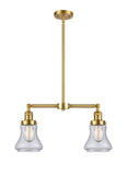 209-SG-G194 2-Light 21" Satin Gold Island Light - Seedy Bellmont Glass - LED Bulb - Dimmensions: 21 x 5 x 10<br>Minimum Height : 21.375<br>Maximum Height : 45.375 - Sloped Ceiling Compatible: Yes