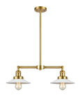 209-SG-G1 2-Light 21" Satin Gold Island Light - White Halophane Glass - LED Bulb - Dimmensions: 21 x 5 x 10<br>Minimum Height : 17.125<br>Maximum Height : 41.125 - Sloped Ceiling Compatible: Yes