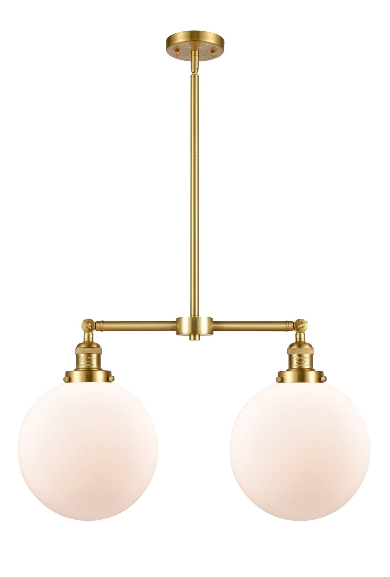 209-SG-G201-10 2-Light 25" Satin Gold Island Light - Matte White Cased Beacon Glass - LED Bulb - Dimmensions: 25 x 10 x 14<br>Minimum Height : 24.875<br>Maximum Height : 48.875 - Sloped Ceiling Compatible: Yes