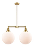 209-SG-G201-12 2-Light 27" Satin Gold Island Light - Matte White Cased Beacon Glass - LED Bulb - Dimmensions: 27 x 12 x 16<br>Minimum Height : 26.875<br>Maximum Height : 50.875 - Sloped Ceiling Compatible: Yes