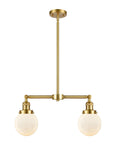 209-SG-G201-6 2-Light 23" Satin Gold Island Light - Matte White Cased Beacon Glass - LED Bulb - Dimmensions: 23 x 6 x 10<br>Minimum Height : 20.875<br>Maximum Height : 44.875 - Sloped Ceiling Compatible: Yes