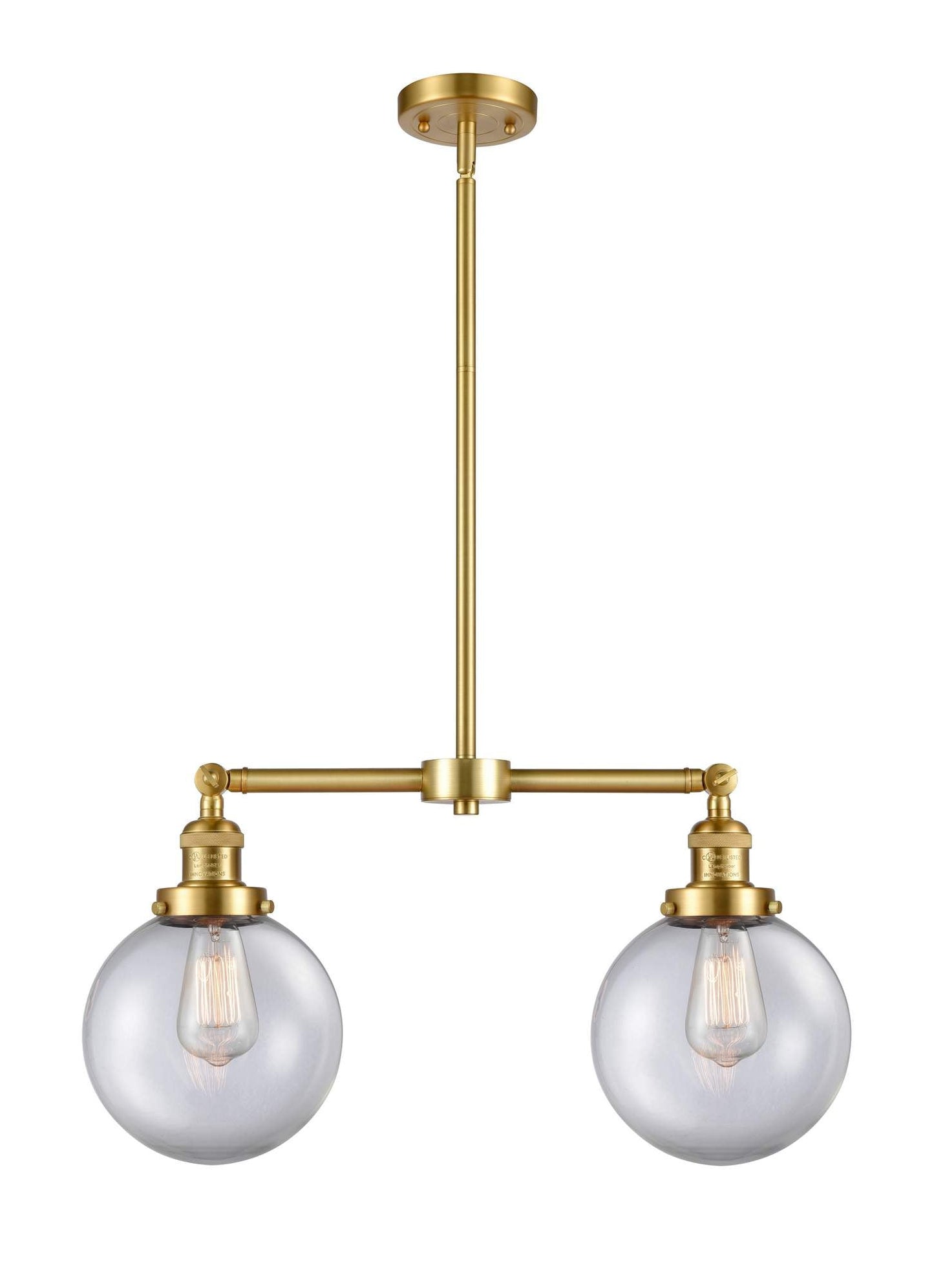 209-SG-G202-8 2-Light 25" Satin Gold Island Light - Clear Beacon Glass - LED Bulb - Dimmensions: 25 x 8 x 12.5<br>Minimum Height : 22.875<br>Maximum Height : 46.875 - Sloped Ceiling Compatible: Yes