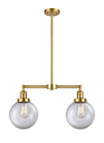 209-SG-G202-8 2-Light 25" Satin Gold Island Light - Clear Beacon Glass - LED Bulb - Dimmensions: 25 x 8 x 12.5<br>Minimum Height : 22.875<br>Maximum Height : 46.875 - Sloped Ceiling Compatible: Yes