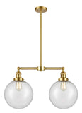 209-SG-G204-10 2-Light 25" Satin Gold Island Light - Seedy Beacon Glass - LED Bulb - Dimmensions: 25 x 10 x 14<br>Minimum Height : 24.875<br>Maximum Height : 48.875 - Sloped Ceiling Compatible: Yes
