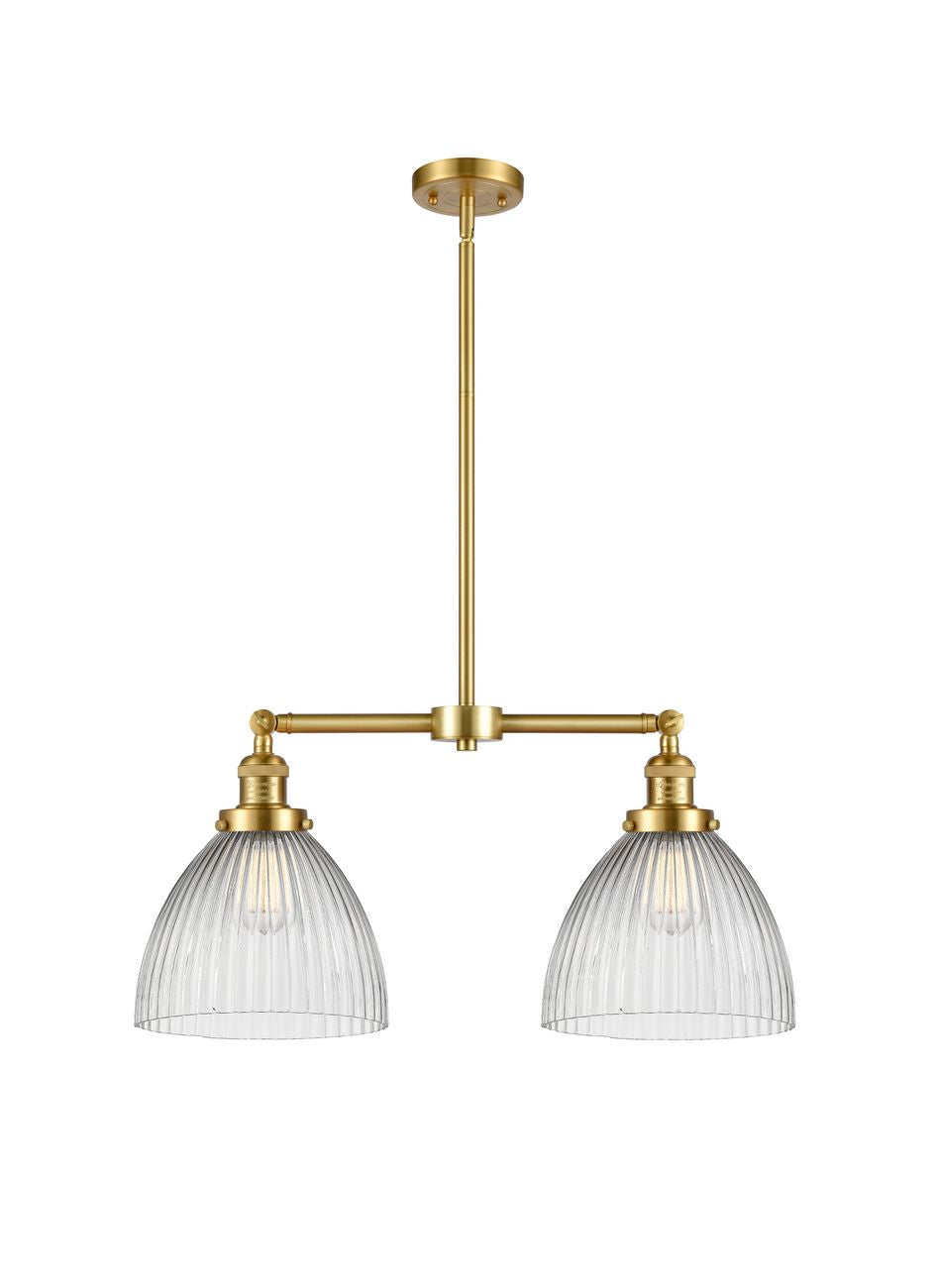 209-SG-G222 2-Light 21" Satin Gold Island Light - Clear Halophane Seneca Falls Glass - LED Bulb - Dimmensions: 21 x 5 x 10<br>Minimum Height : 23.125<br>Maximum Height : 47.125 - Sloped Ceiling Compatible: Yes