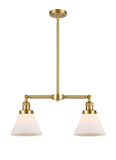 209-SG-G41 2-Light 21" Satin Gold Island Light - Matte White Cased Large Cone Glass - LED Bulb - Dimmensions: 21 x 5 x 10<br>Minimum Height : 21.125<br>Maximum Height : 45.125 - Sloped Ceiling Compatible: Yes