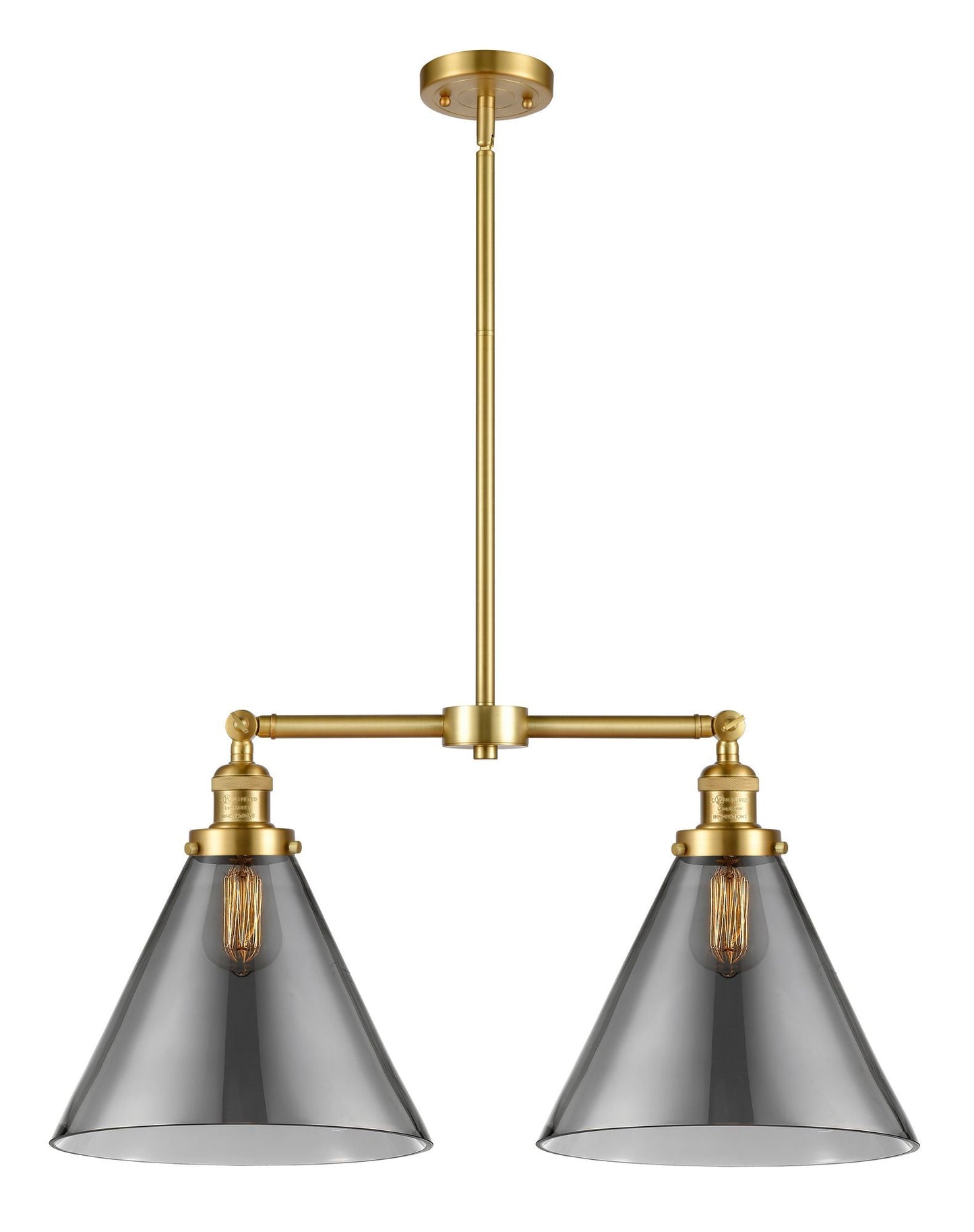 209-SG-G43-L 2-Light 21" Satin Gold Island Light - Plated Smoke Cone 12" Glass - LED Bulb - Dimmensions: 21 x 5 x 10<br>Minimum Height : 25.125<br>Maximum Height : 49.125 - Sloped Ceiling Compatible: Yes