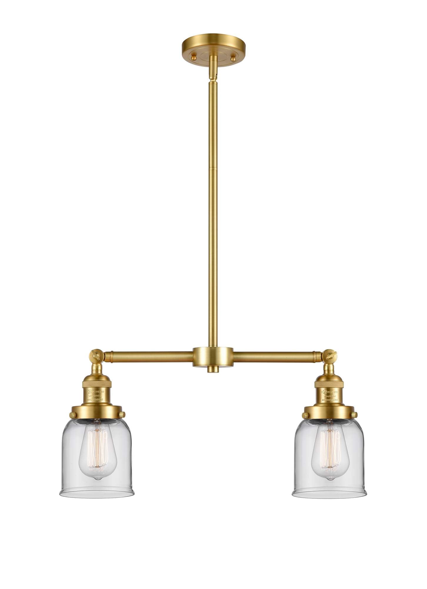 209-SG-G52 2-Light 21" Satin Gold Island Light - Clear Small Bell Glass - LED Bulb - Dimmensions: 21 x 5 x 10<br>Minimum Height : 20.875<br>Maximum Height : 44.875 - Sloped Ceiling Compatible: Yes