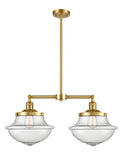 209-SG-G544 2-Light 25" Satin Gold Island Light - Seedy Large Oxford Glass - LED Bulb - Dimmensions: 25 x 12 x 10<br>Minimum Height : 23.25<br>Maximum Height : 47.25 - Sloped Ceiling Compatible: Yes